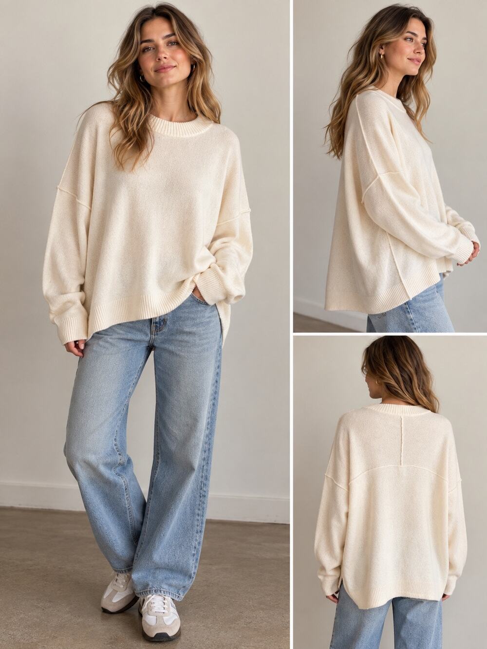 Free People 100% Cashmere Oversized Seamed Sweater Ivory Size S $195